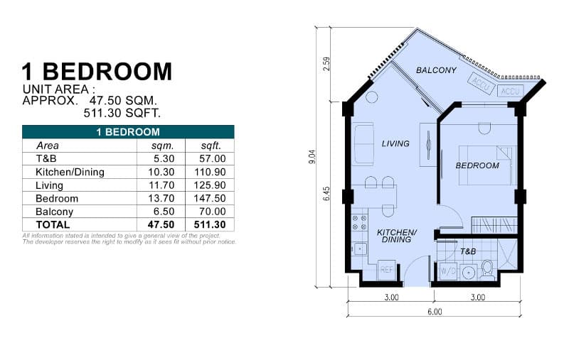 1BR Middle Floor Plan